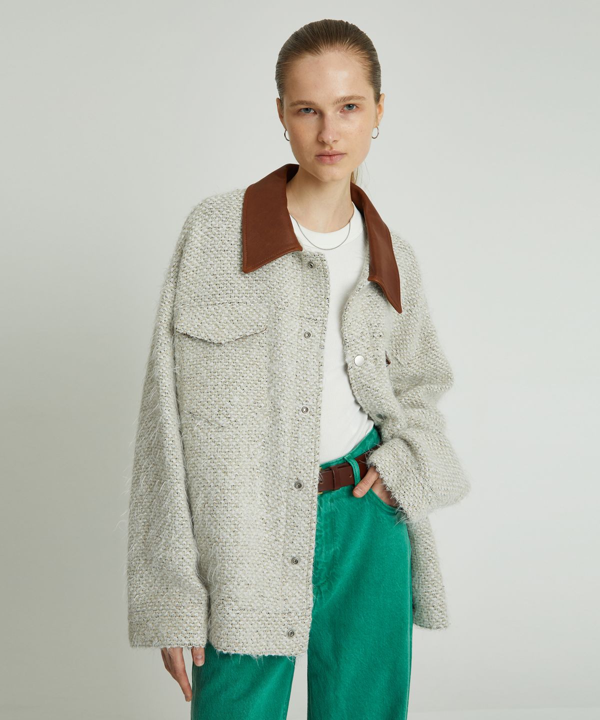 앤드로스(ANDROS) Leather Trimming Cardigan (Ivory)