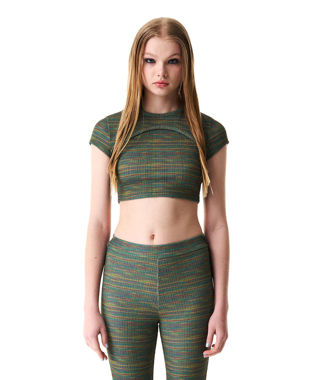 배디(BADEE) Heather Stripe Cutout Tee Multi Green
