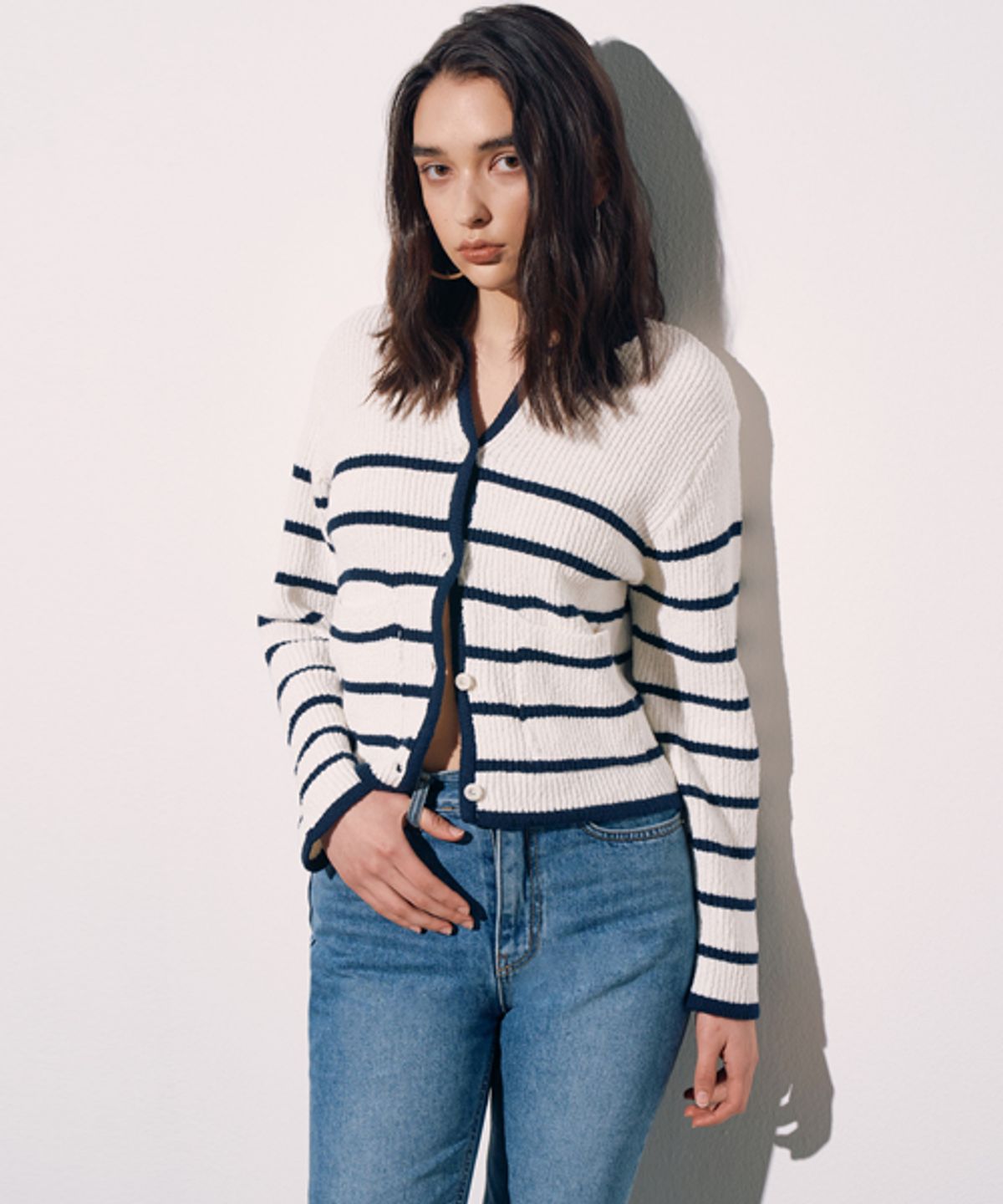 르세지엠(LESEIZEME) STRIPE COLOR BLOCK CARDIGAN - IVORY