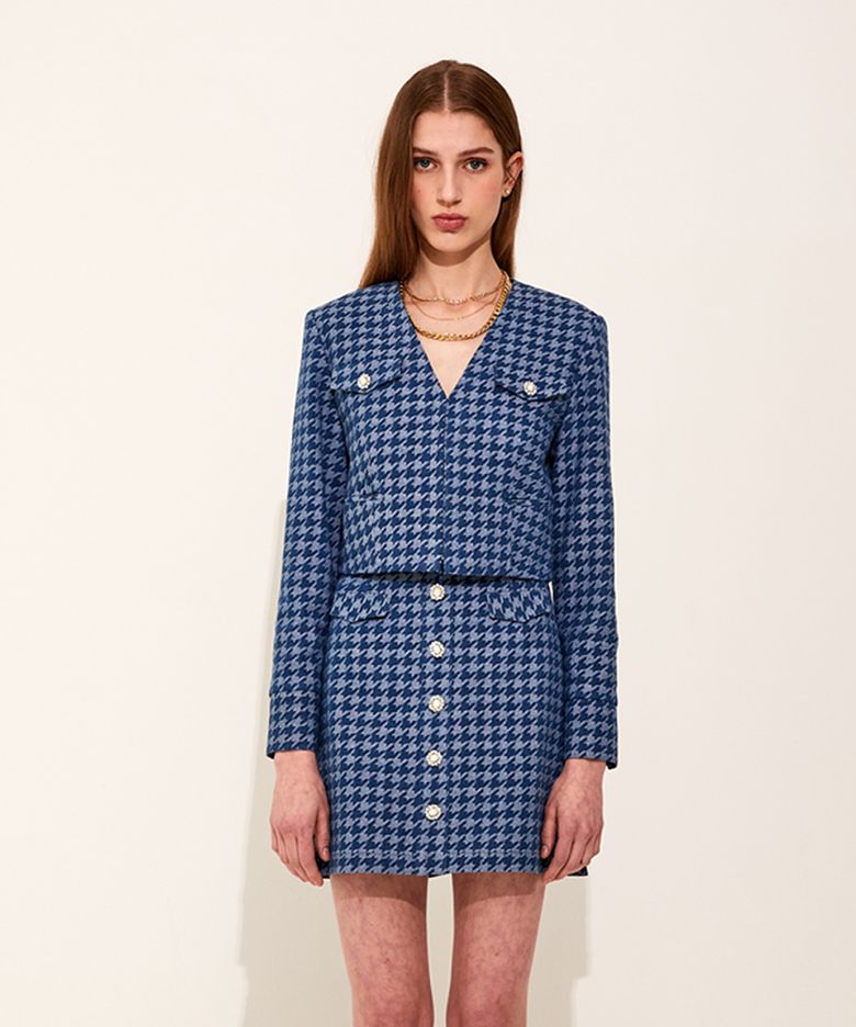 Houndstooth Denim Vneck Jacket [Deep Blue]