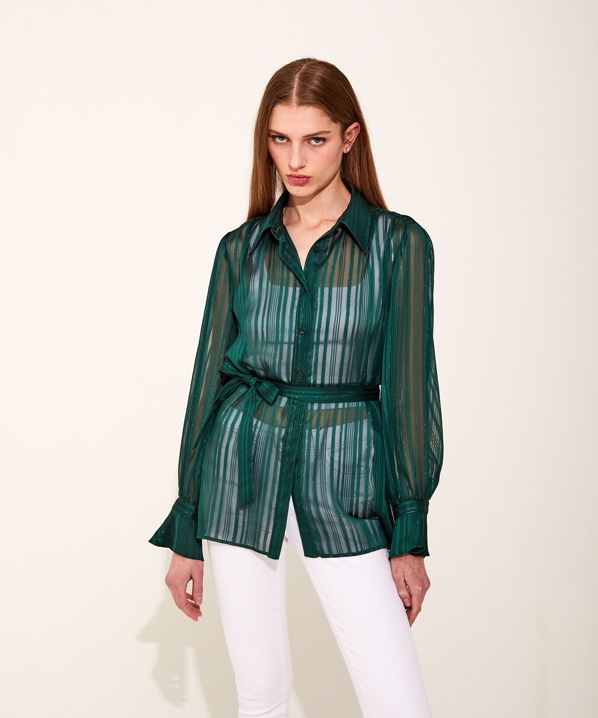 채뉴욕(CHAENEWYORK) Flawless Chiffon Belted Shirts [Green]