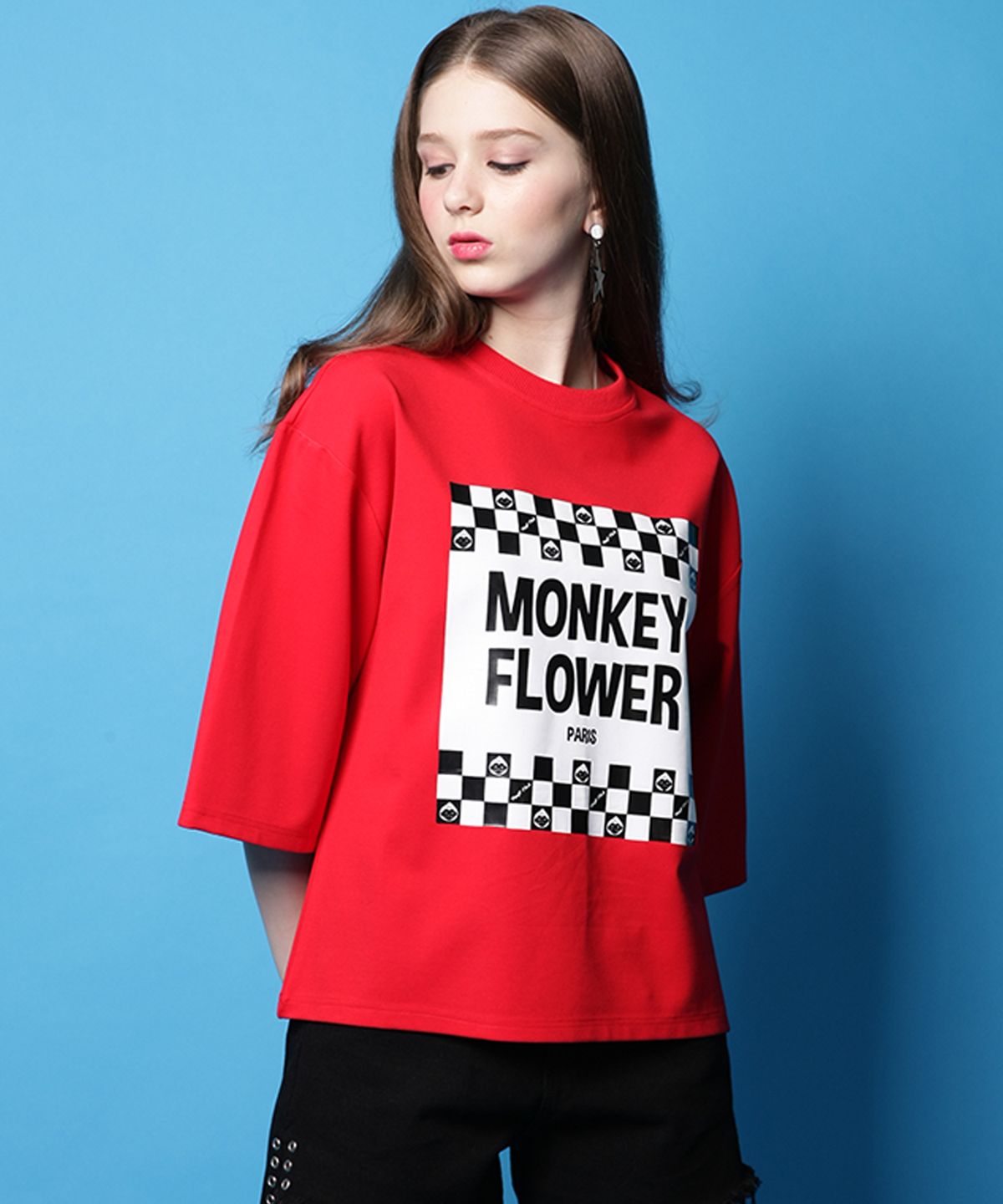 몽키플라워(Monkey Flower) 여성 에나멜 체커보드 프린트 반팔 티셔츠/MS2WTS01U RED