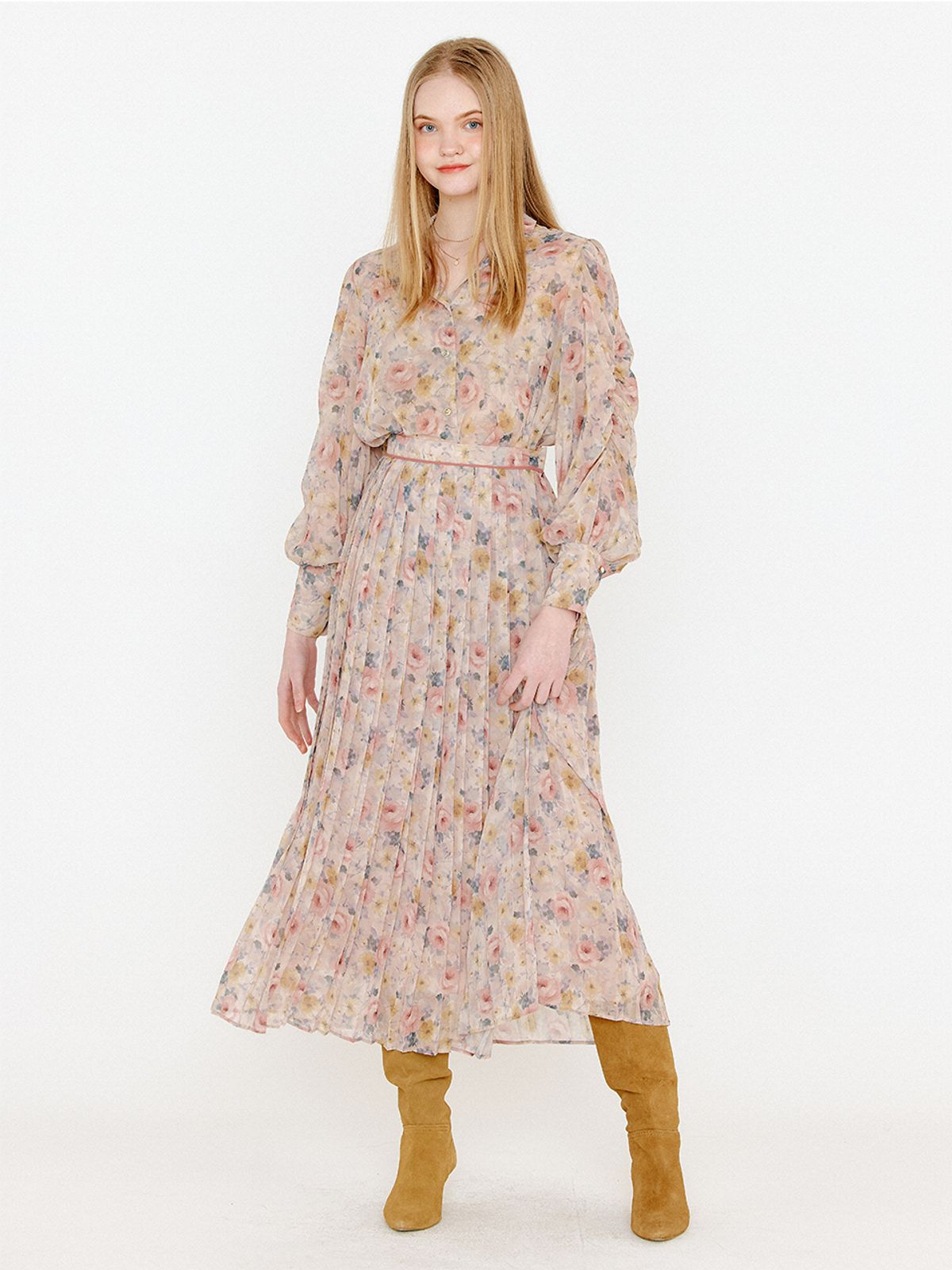 오앨(OUEL) FLOWER PLEATS SKIRT_PINK BEIGE