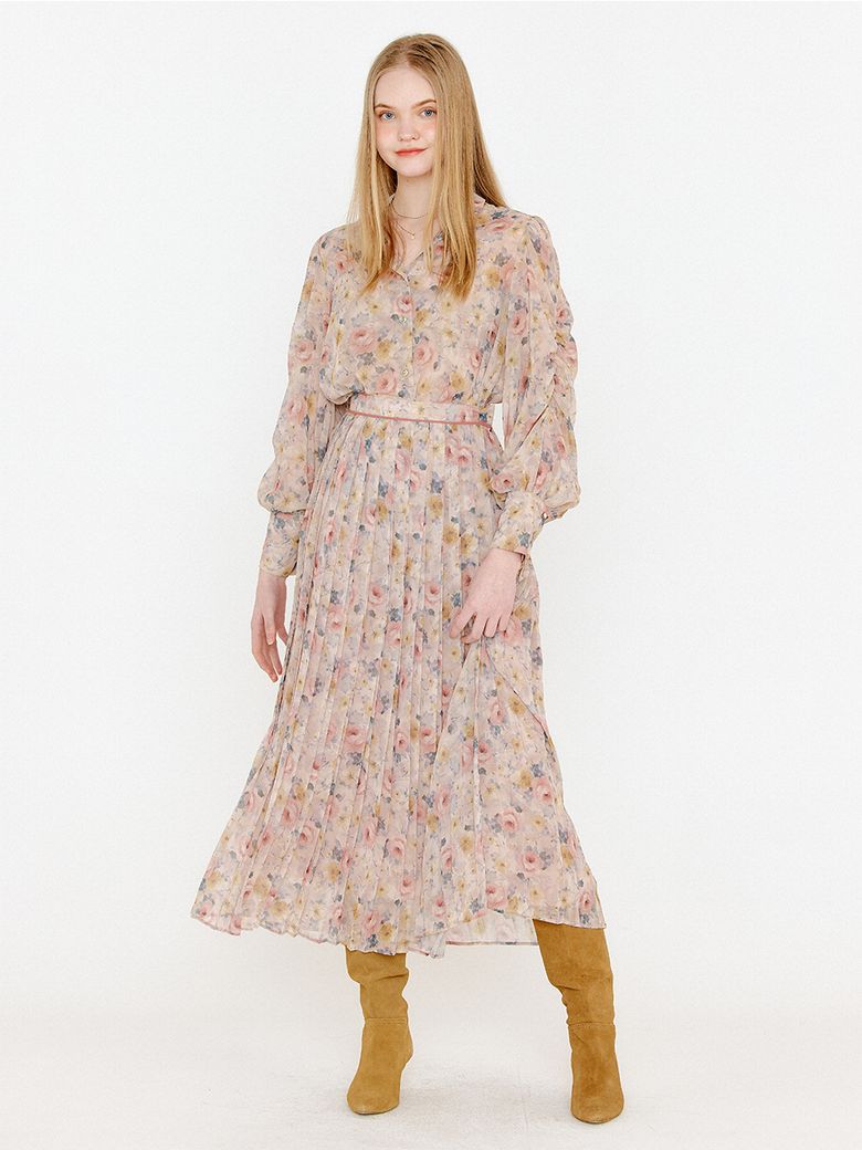 FLOWER PLEATS SKIRT_PINK BEIGE