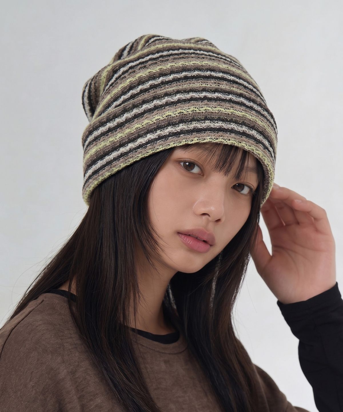 언더컨트롤 스튜디오(UNDERCONTROL STUDIO) 통기성 망사 스트라이프 패턴 여름 캐주얼 여성 롱비니 SQUARE NET BEANIE / STRIPE / LEMON BROWN