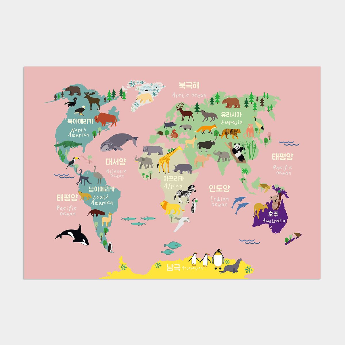멜팅스튜디오(MELTING STUDIO) 아이방 학습 액자 인테리어 포스터  / 03번 animal map - pink