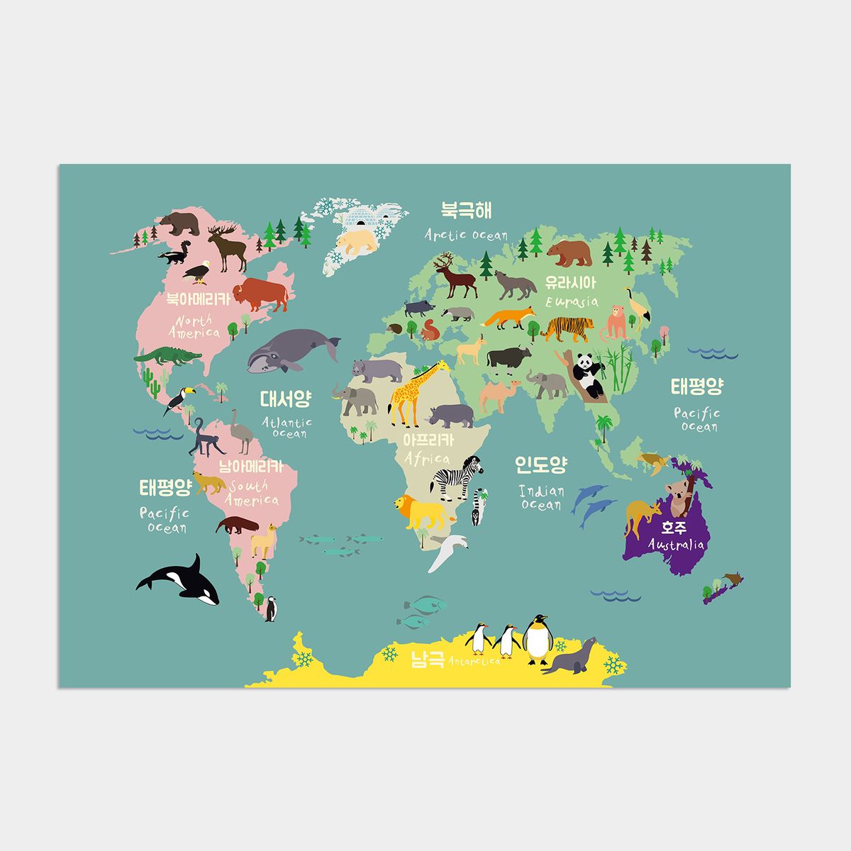 멜팅스튜디오(MELTING STUDIO) 아이방 학습 액자 인테리어 포스터  / 04번 animal map - bluegreen