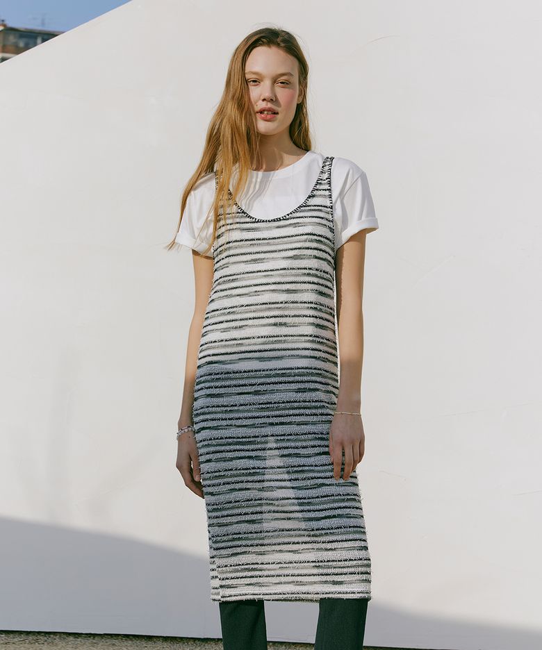 Multi Stripe Knitting Dress  White