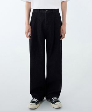 투 턱 와이드 데님 팬츠 [로우 블랙]