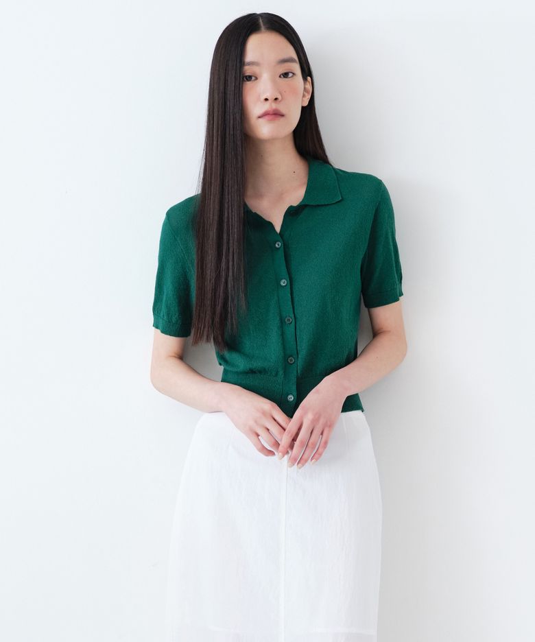 우먼즈 크레이프 칼라드 반팔 가디건 [그린]