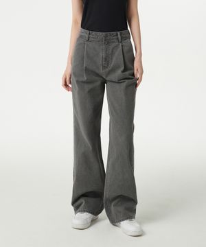 우먼즈 원 턱 와이드 데님 팬츠 [그레이]