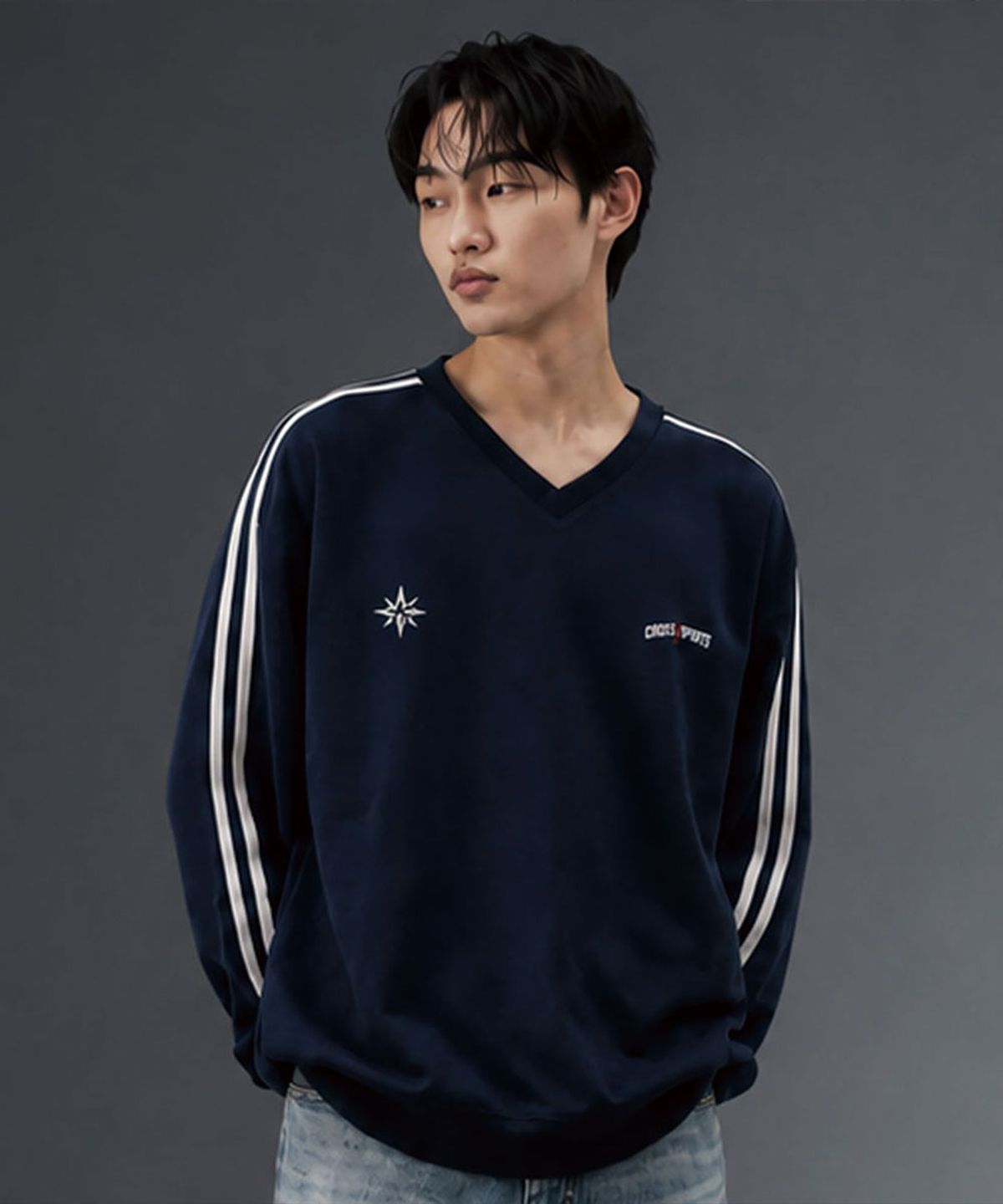 크로스닷(CROSSDOT) 블랙마크 오버핏 트랙 브이넥 맨투맨 4 Color [CRDV_4002]