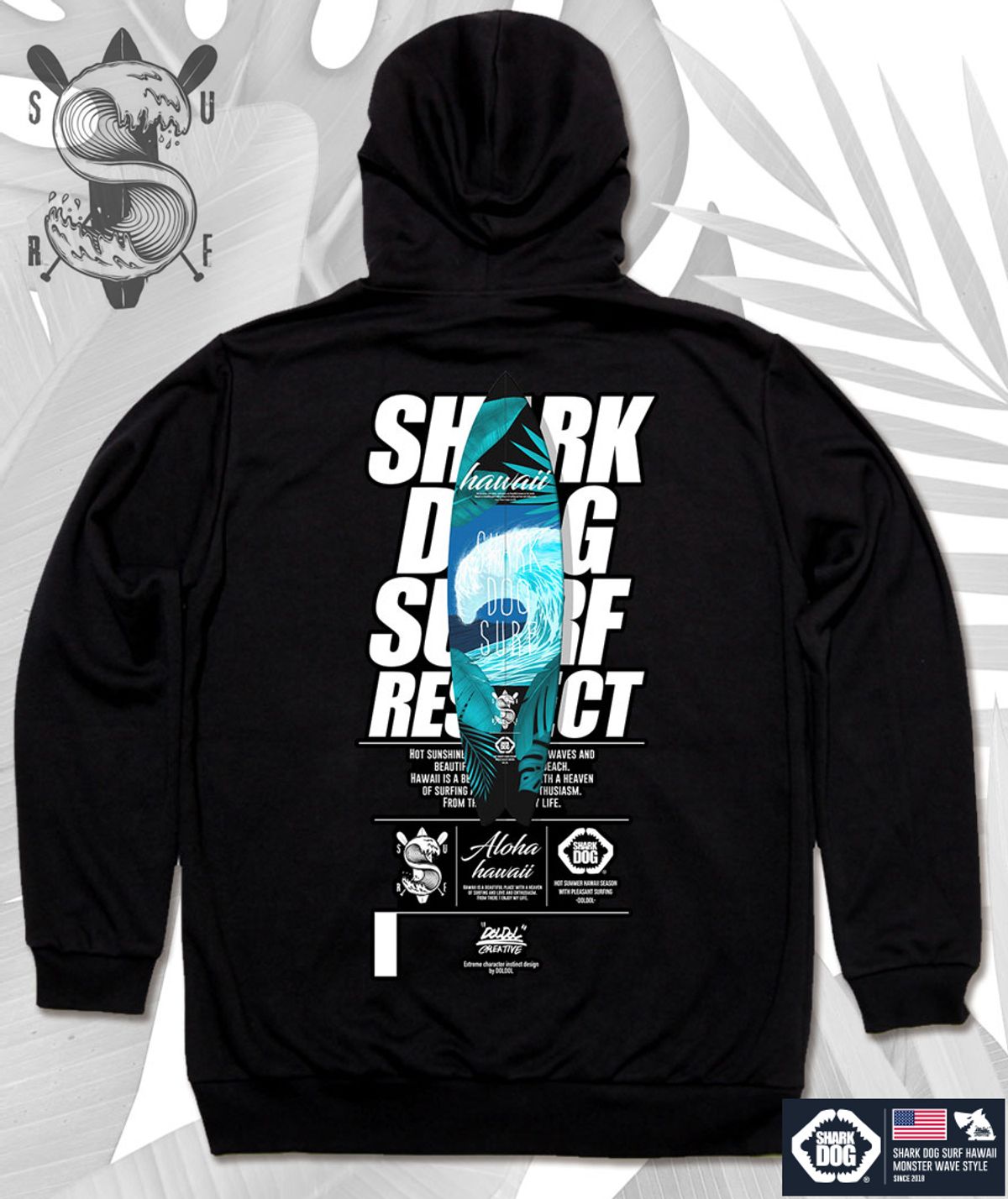 돌돌(DOLDOL) SHARK-DOG-HOODY-127 샤크독 서핑 하와이 캐릭터 그래픽 후드티