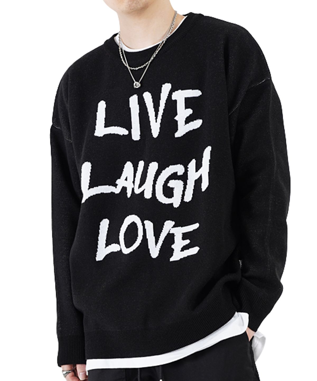 아차(ACHA) LIVE LAUGH LOVE 자가드 니트 롱슬리브 _ 블랙