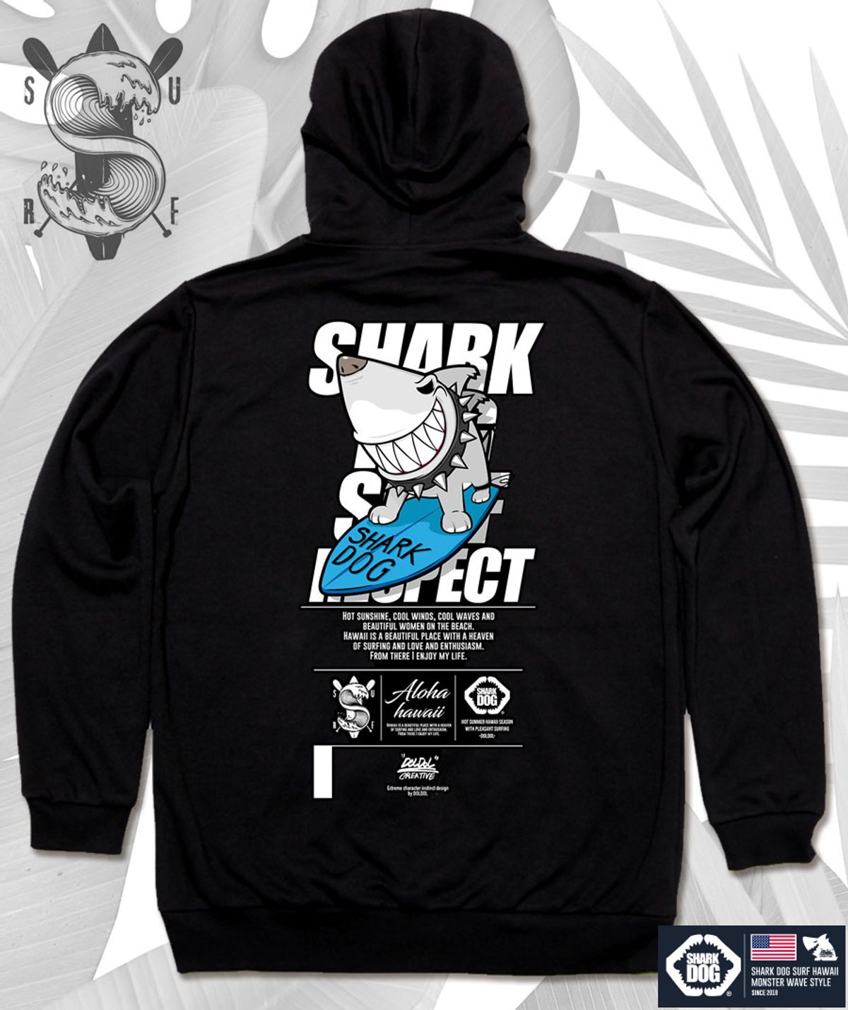 돌돌(DOLDOL) SHARK-DOG-HOODY-138 샤크독 서핑 하와이 캐릭터 그래픽 후드티