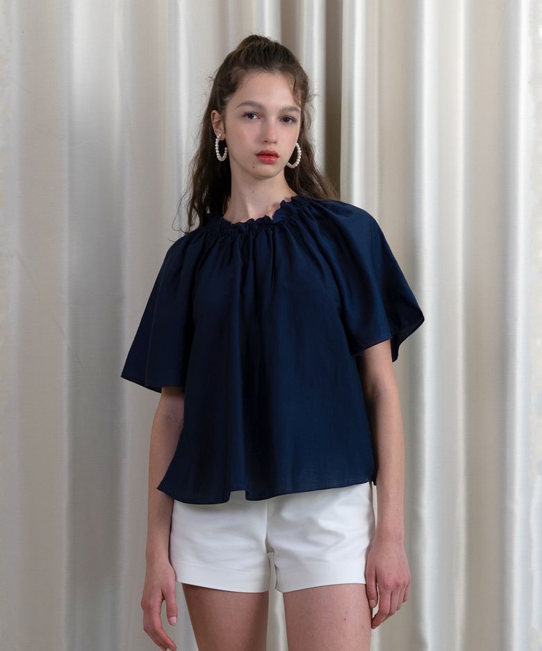 Summer tencel shirring blouse (Navy)