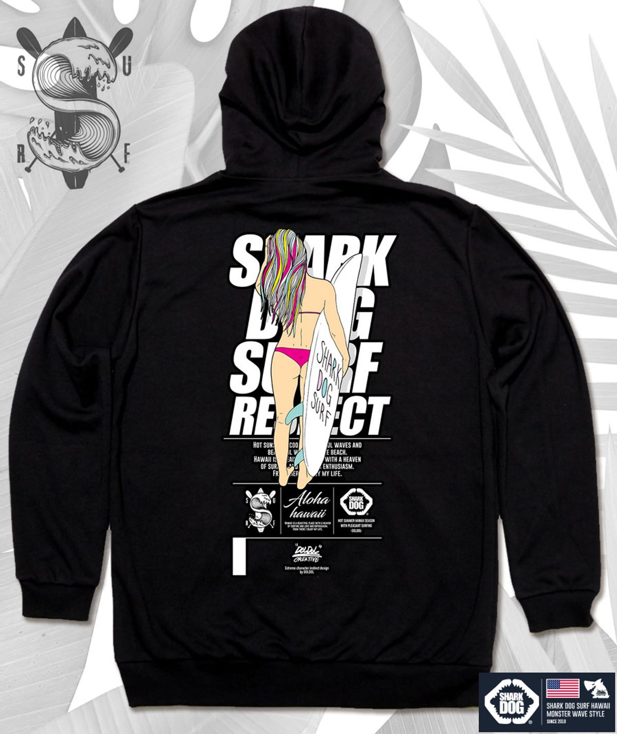 돌돌(DOLDOL) SHARK-DOG-HOODY-141 샤크독 서핑 하와이 캐릭터 그래픽 후드티