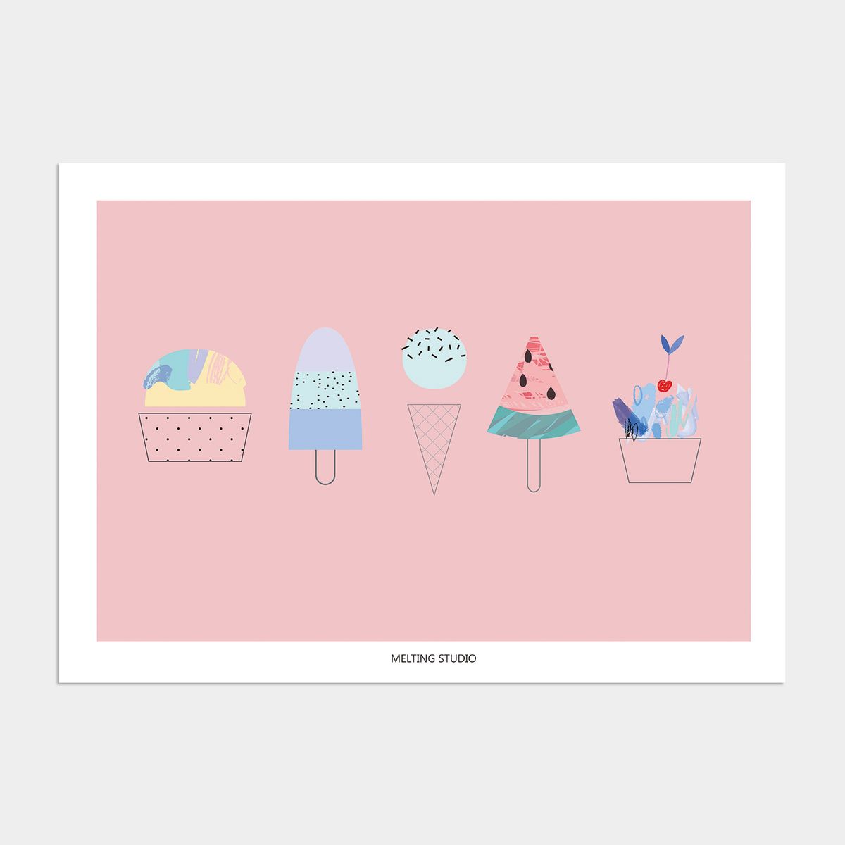 멜팅스튜디오(MELTING STUDIO) 아이방 학습 액자 인테리어 포스터  / 23번 Five Ice Creams - Pink