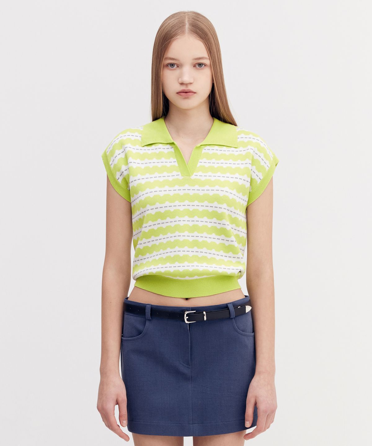 오아이오아이 컬렉션(OIOI COLLECTION) HORIZONTAL STRIPE KNIT VEST [GREEN]
