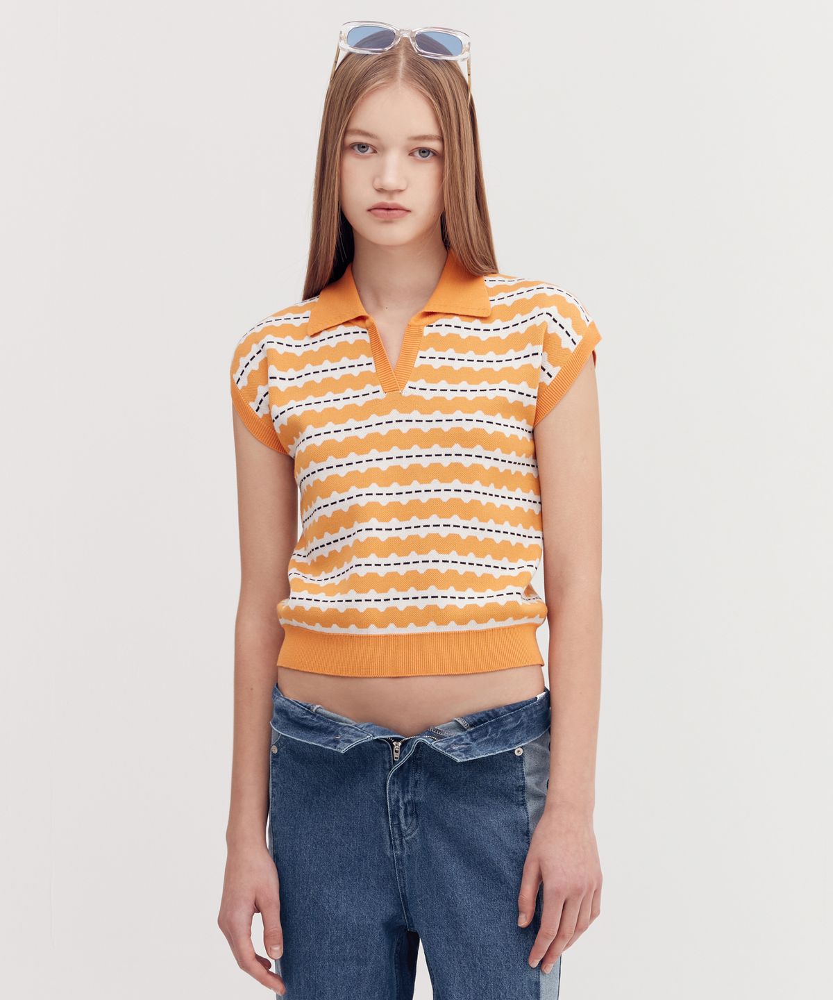 오아이오아이 컬렉션(OIOI COLLECTION) HORIZONTAL STRIPE KNIT VEST [ORANGE]