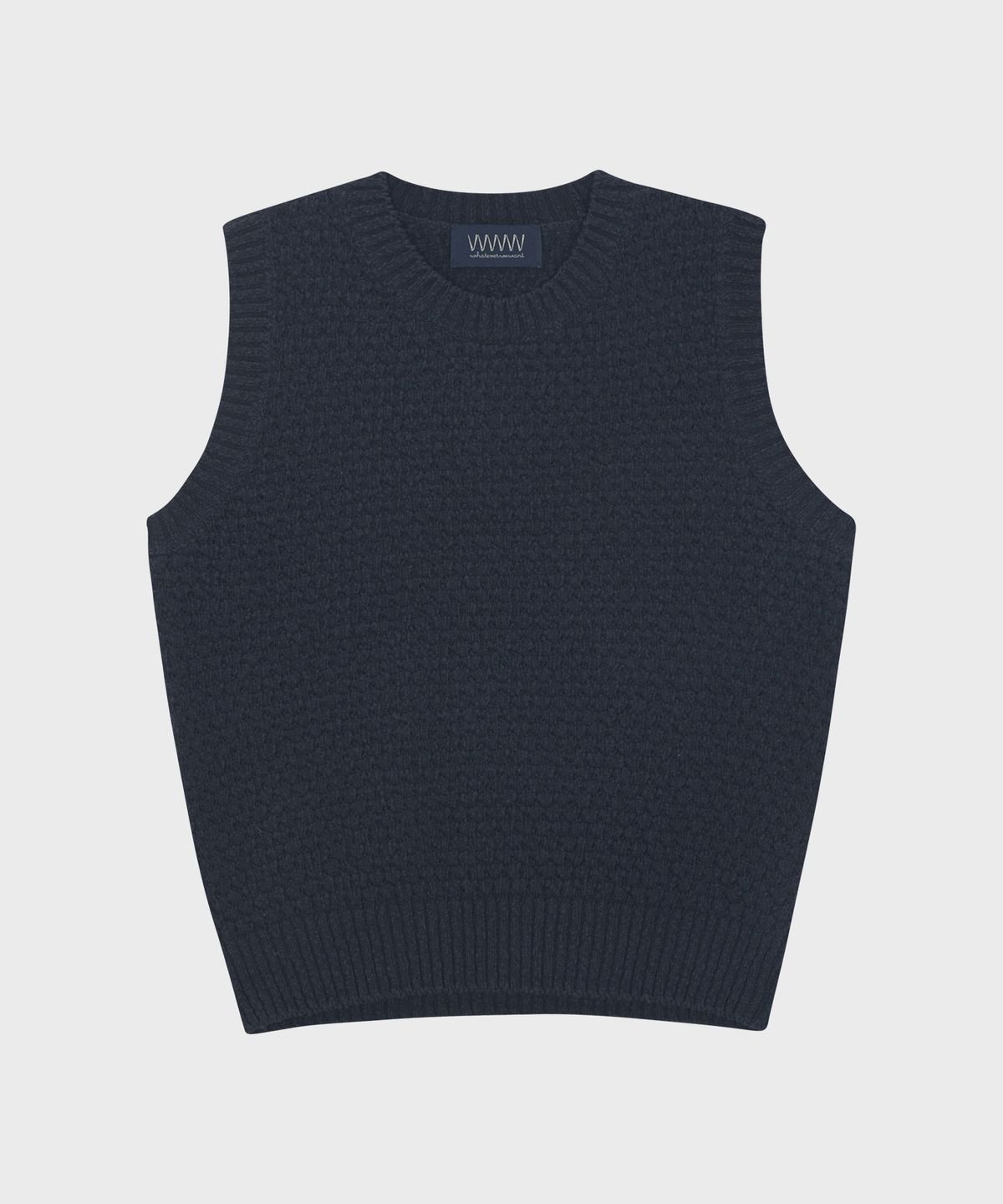 왓에버위원트(WHATEVERWEWANT) EMBOSSED SLEEVELESS KNIT [NAVY]