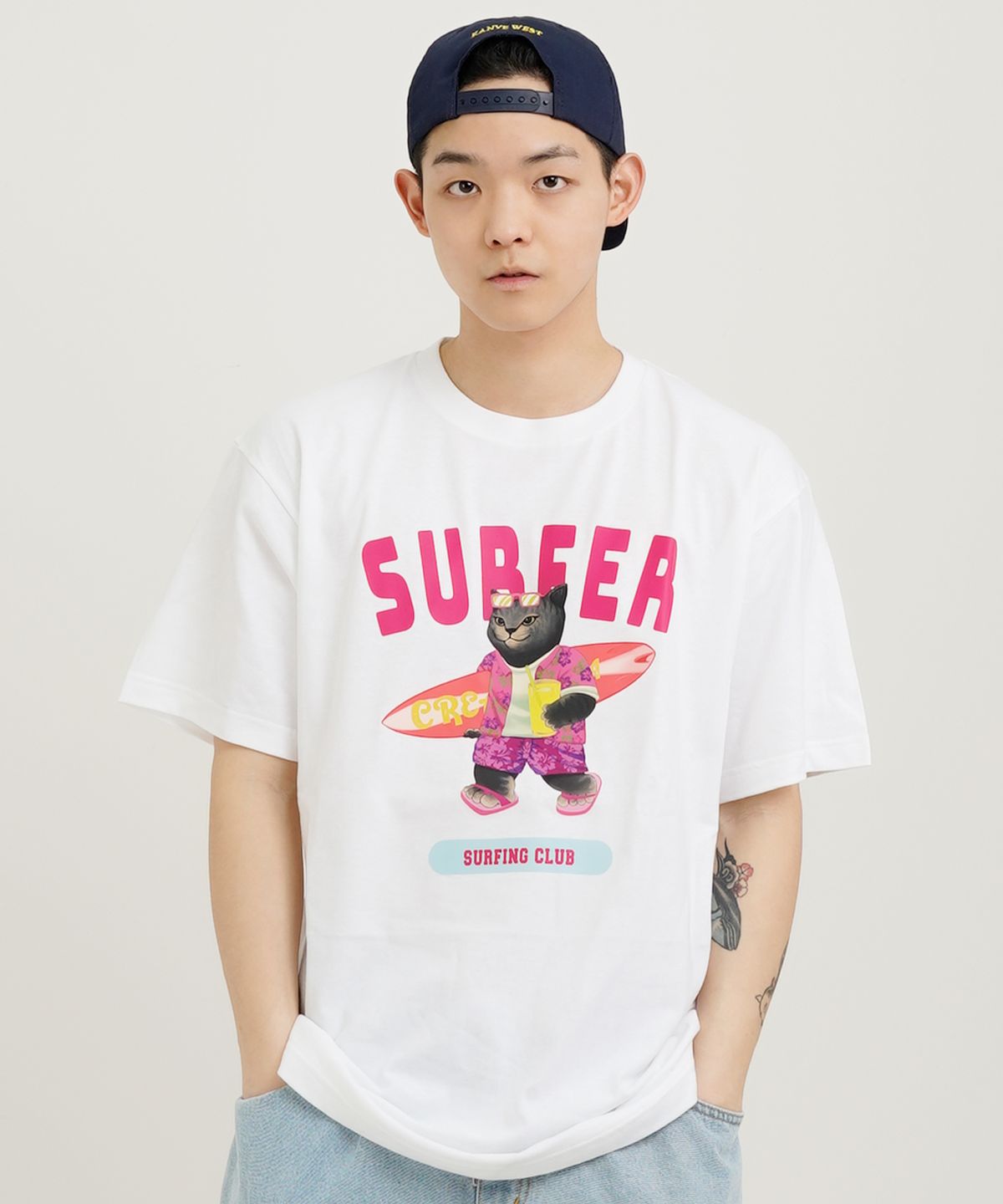 크림소다랩(CREAM SODA LAB) 그레이 서퍼 반팔티 화이트 핑크