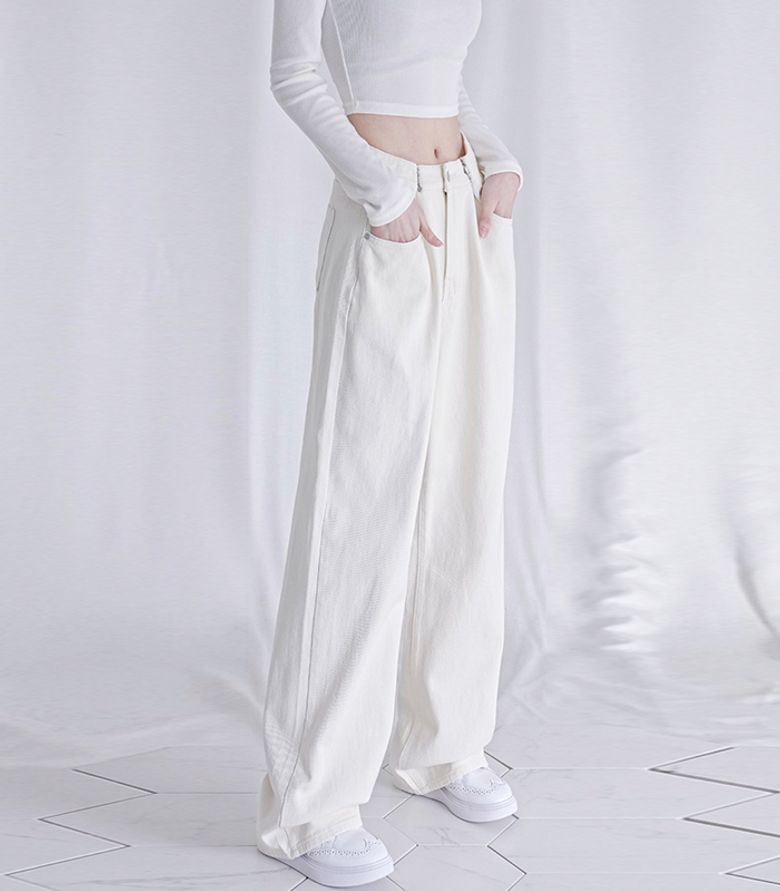 BUCKLE WIDE DENIM PANTS CREAM