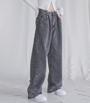 BUCKLE WIDE DENIM PANTS GREY