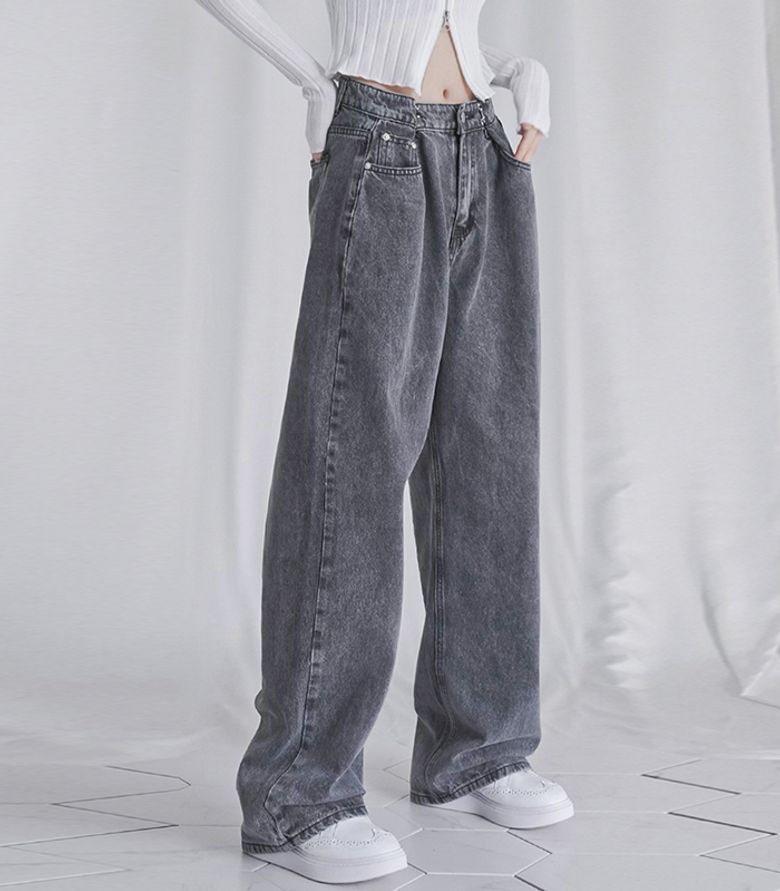 BUCKLE WIDE DENIM PANTS GREY