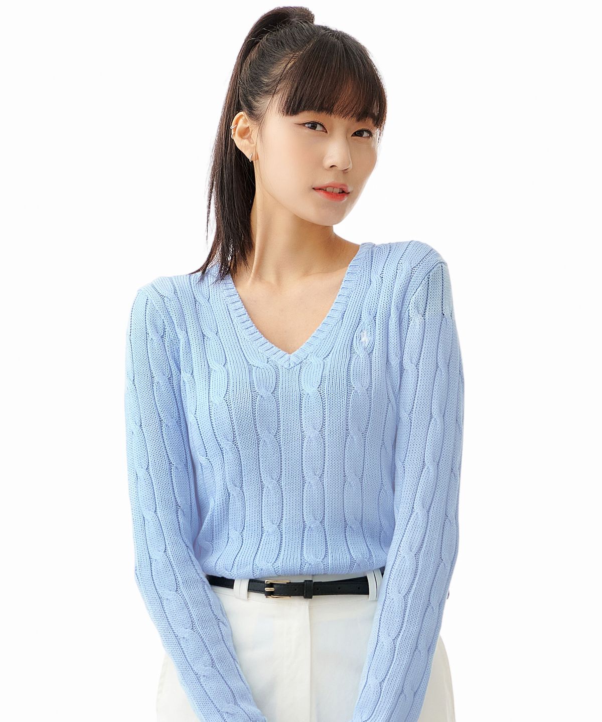 폴로 랄프 로렌(POLO RALPH LAUREN) W 케이블니트 V넥 스웨터 - 블루