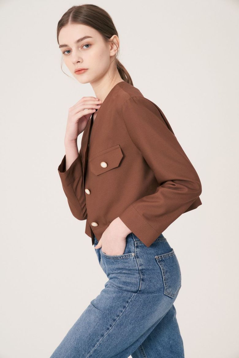 Brown  V-Line Crop Jacket