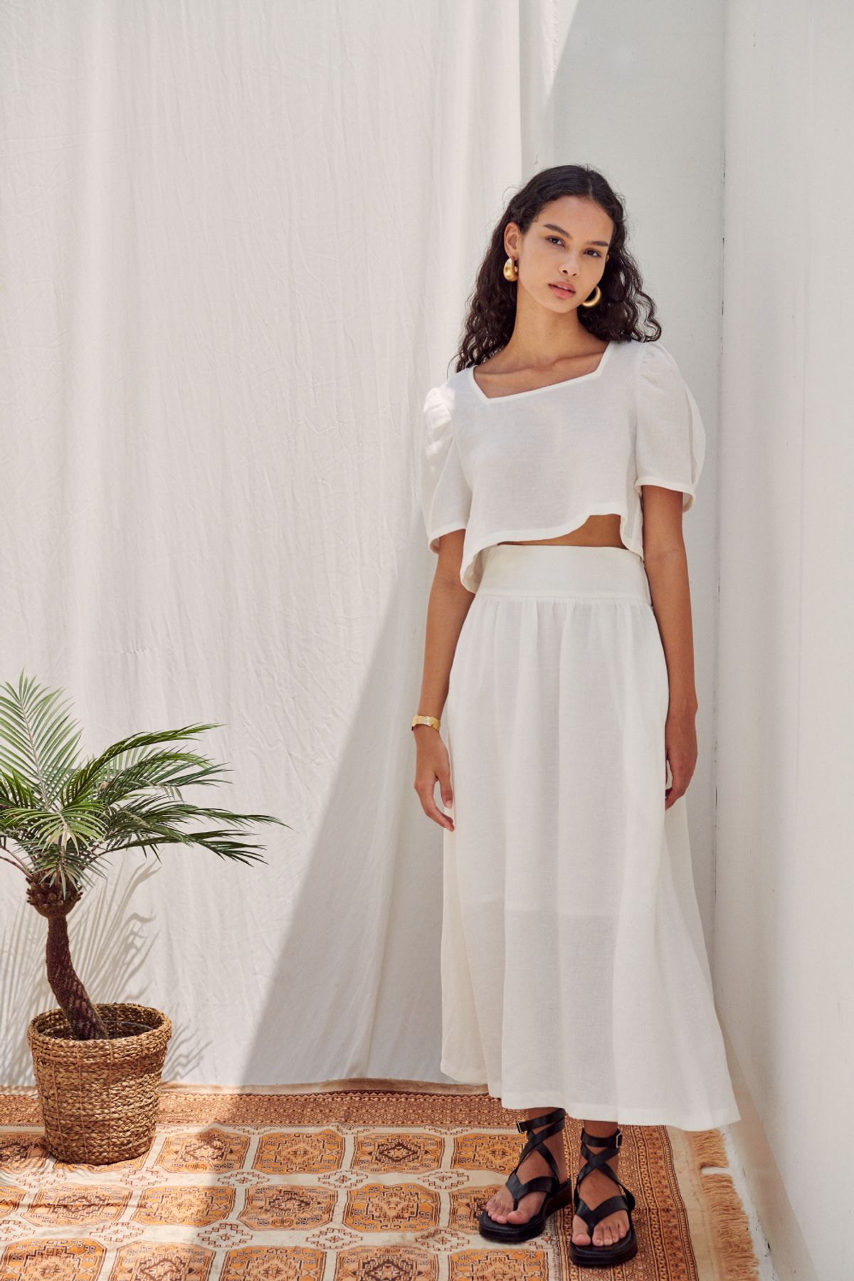 나루강(NARU KANG) (set-up)Linen Cotton Cropped Top + Wide Waist Skirts