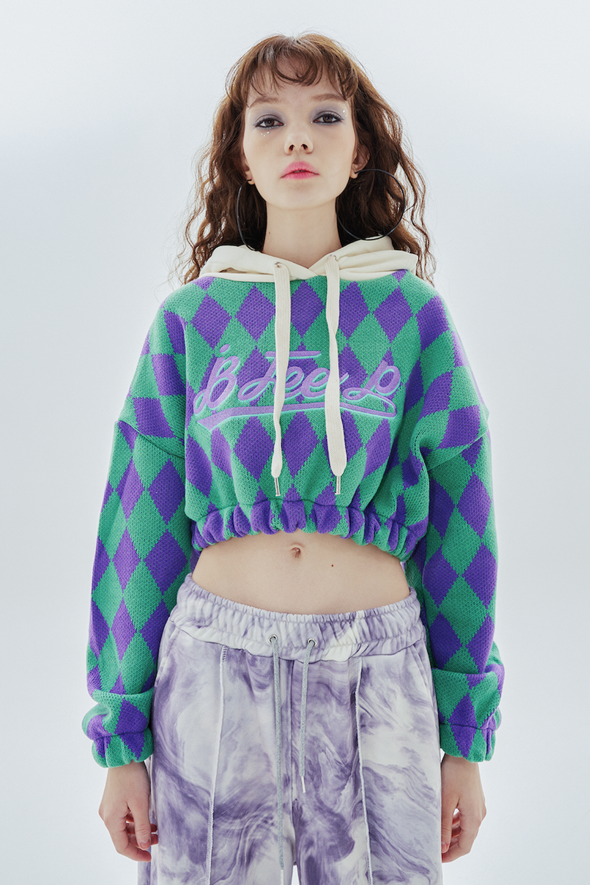 비피피(BFEEP) big logo argyle crop hood_green/purple