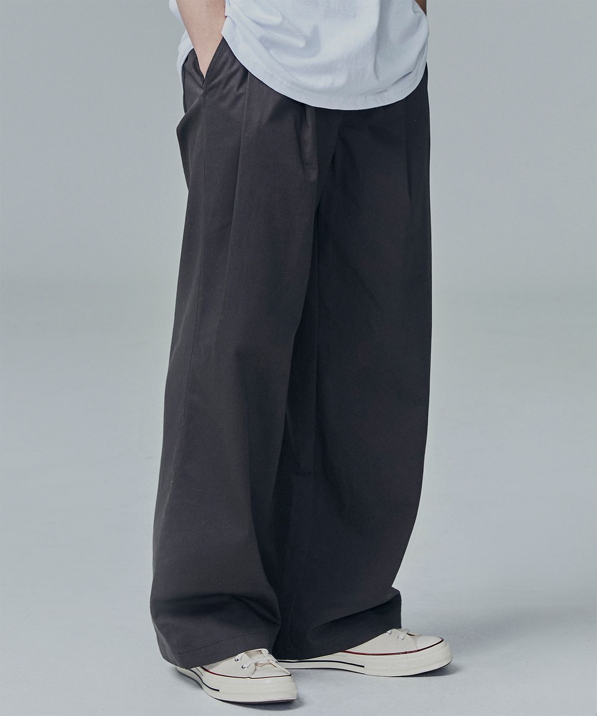 낫포너드(NOT4NERD) Two Tuck Wide Cotton Pants - Charcoal