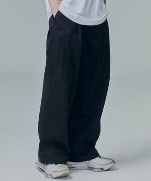 Two Tuck Wide Cotton Pants - Black