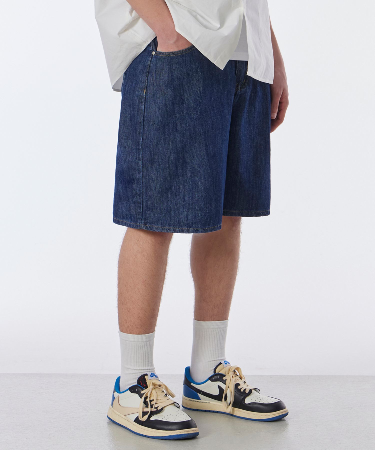 ハーフ・ショートパンツ Bermuda Wide One-Tuck Washed Denim Shorts Deep Indigo MUSINSA | GLW Bermuda Wide One-Tuck Washed Denim Shorts Deep