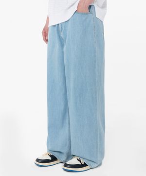 린넨 라이크 이지 와이드 데님 팬츠 라이트인디고