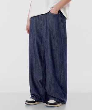 린넨 라이크 이지 와이드 데님 팬츠 딥인디고