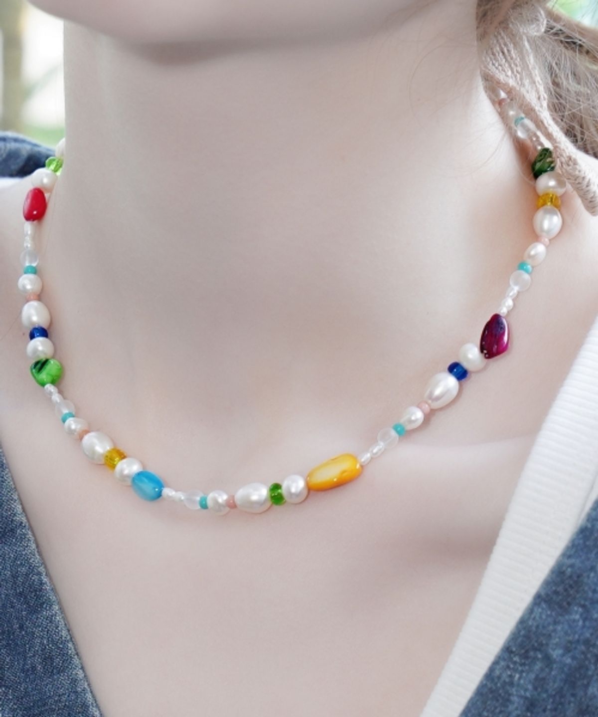 봉보(BONBEAU) Mother of pearl and water pearl play Necklace 담수 진주 비즈 컬러자개 플레이 포인트 목걸이