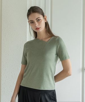 (FM40522)비대칭 넥 숏 슬리브_세이지그린