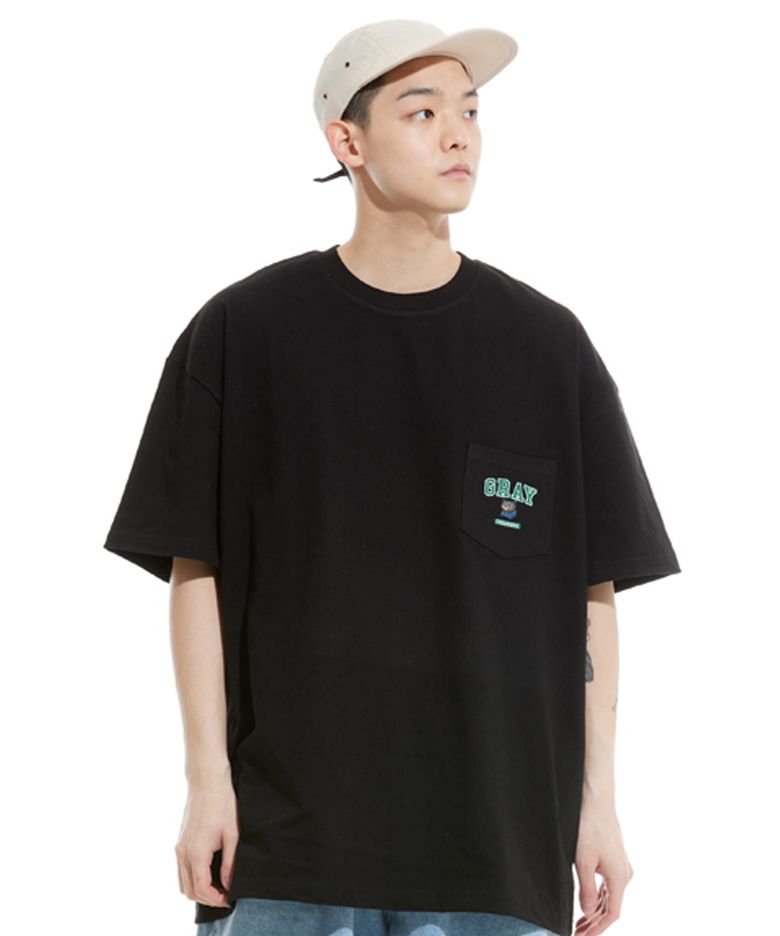 그레이 로고 오버핏 헤비웨이트 포켓 반팔티 블랙