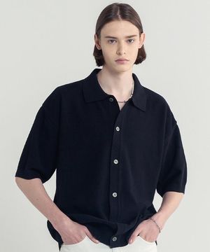 코튼 카라 반팔 니트 가디건_블랙