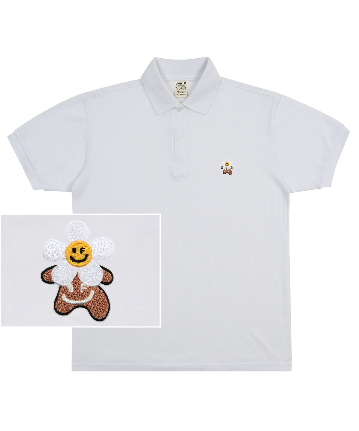 그레이버(GRAVER) [UNISEX]헤드 플라워베어 스마일 자수 피케 반팔티셔츠_화이트