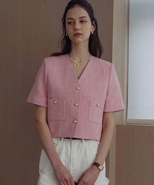 ジャケット TILL I DIE Collarless pearl button summer tweed jacket_Black MUSINSA | TILL I DIE Collarless pearl button summer tweed