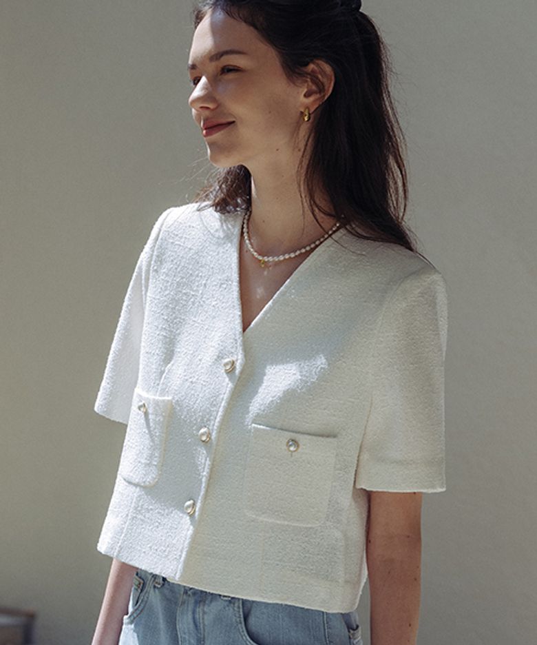 Collarless pearl button summer tweed jacket_White