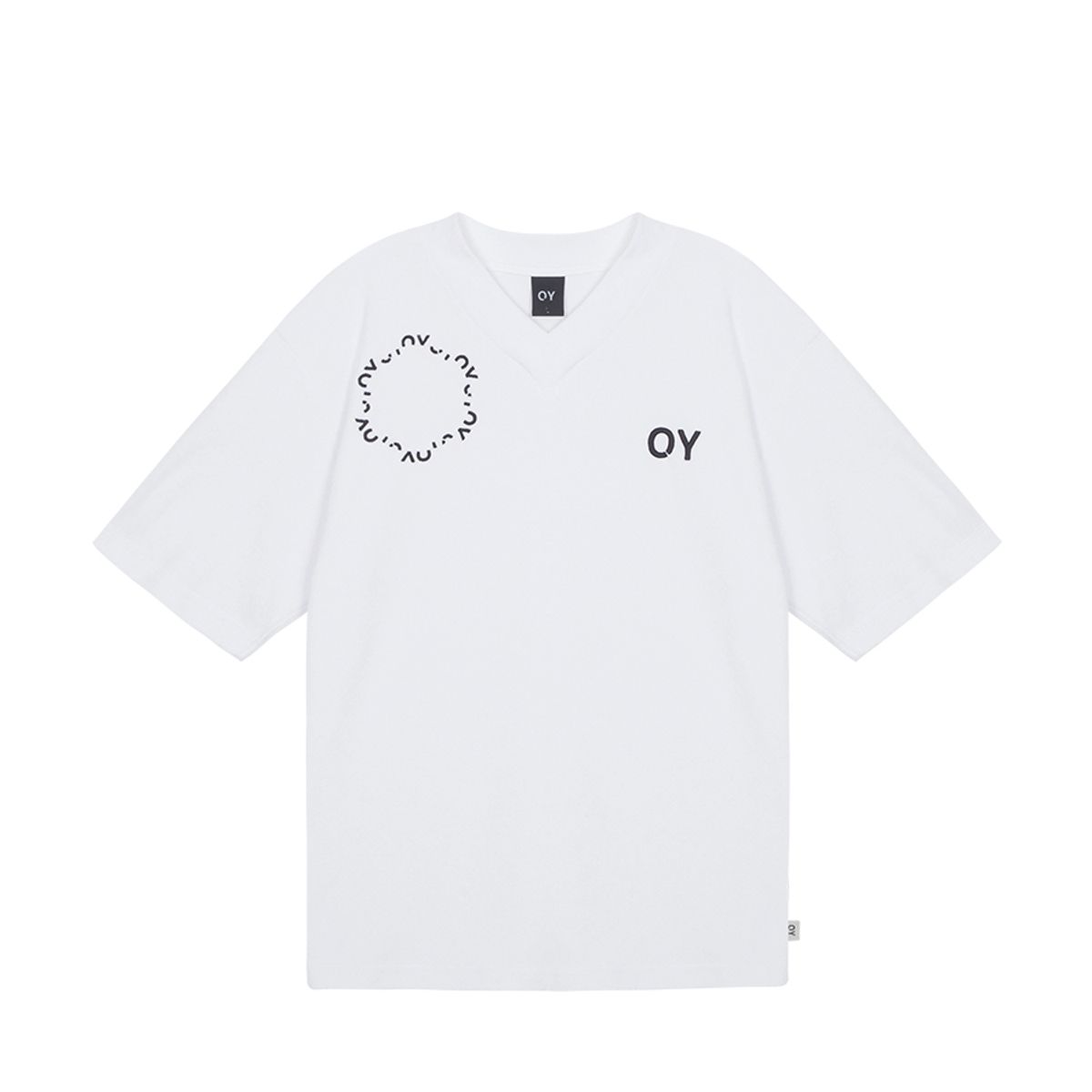 오픈야드(오와이)(OPENYARD(OY)) 테리 라운드 로고 브이넥 티-화이트