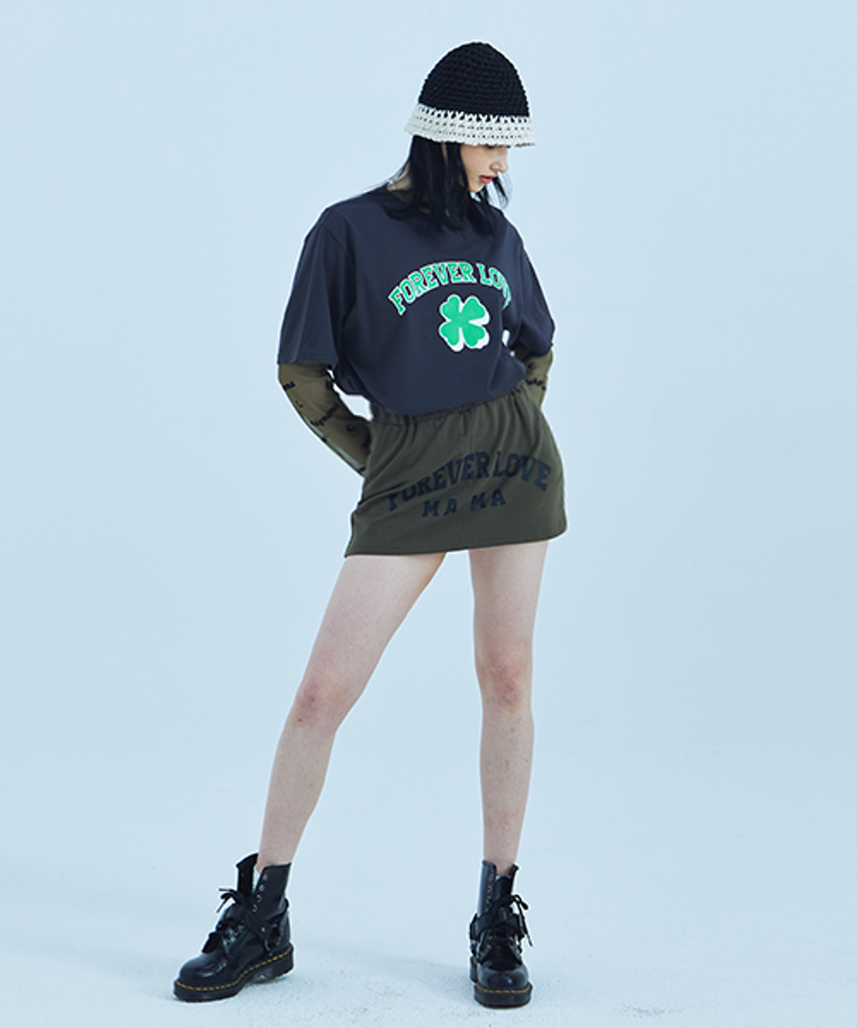 페이크마마(FAKEMAMA) 마마 로고 스웻 미니 스커트_카키