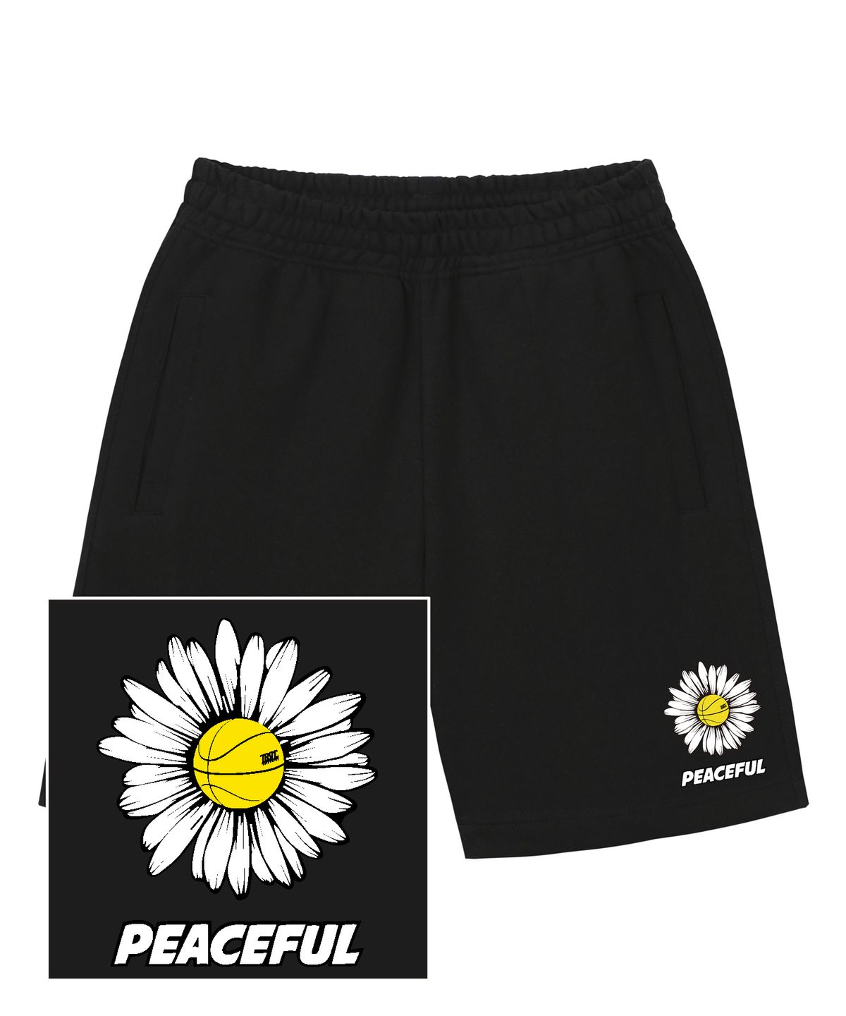 트립션(TRIPSHION) DAISY PEACEFUL LOGO 스웨트 하프 팬츠 - 블랙