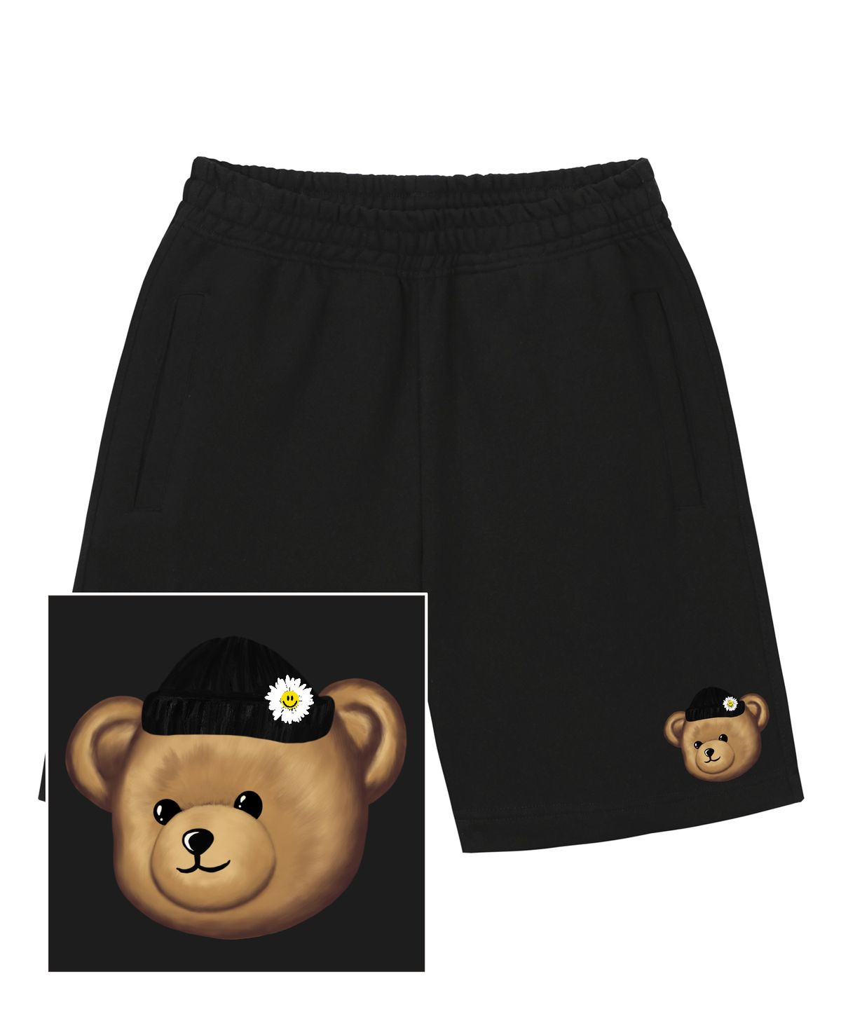 트립션(TRIPSHION) BEANIE BEAR LOGO 스웨트 하프 팬츠 - 블랙
