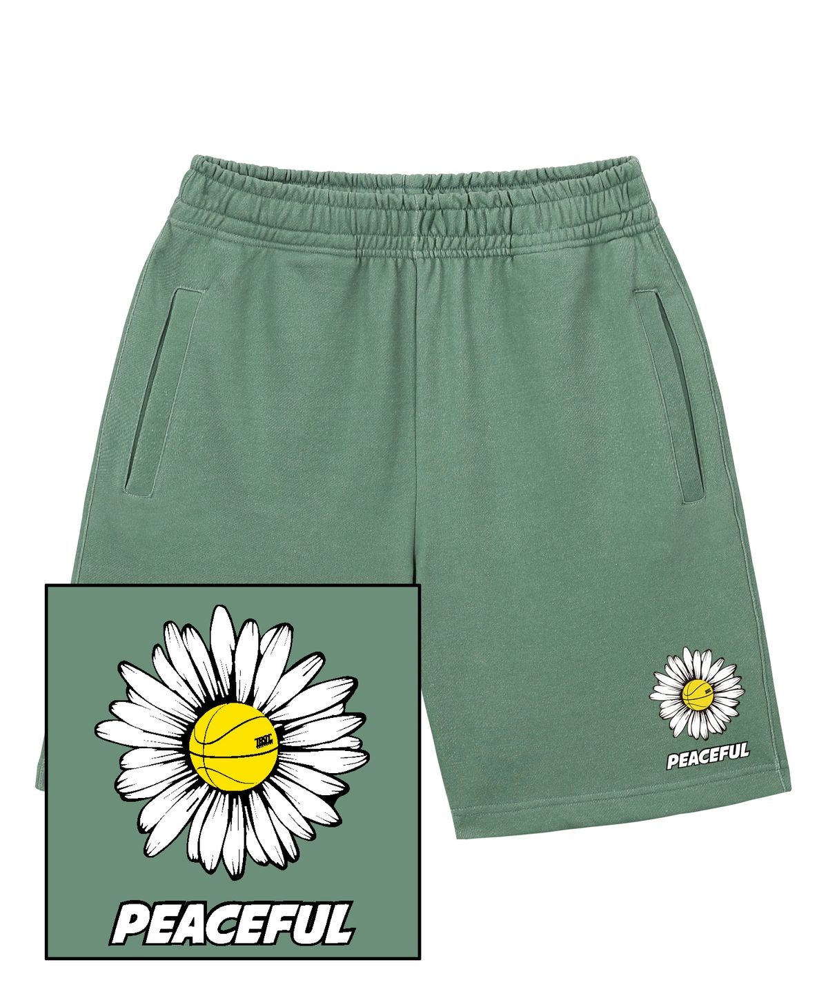 트립션(TRIPSHION) DAISY PEACEFUL LOGO 스웨트 하프 팬츠 - 피그먼트 그린